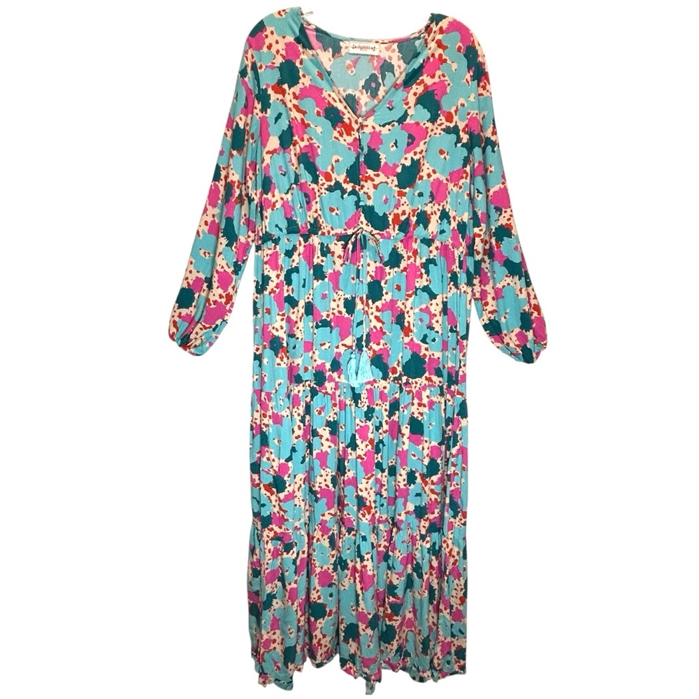 Almost Pink Teal and Pink Abstract Print Tiered Long Sleeve Maxi Dress - Medium